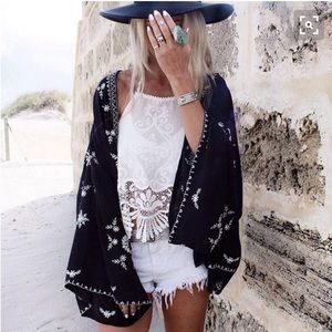 Free People embroidered kimono- dusty black/ cream