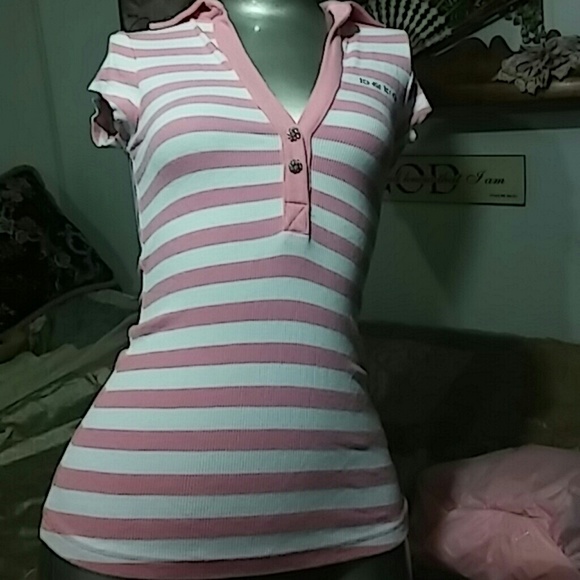 Bebe xs striped pink &white fitted t shirt - Picture 1 of 4