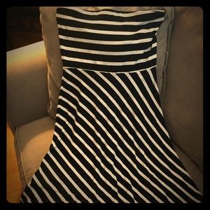 Black and white strip strapless dress