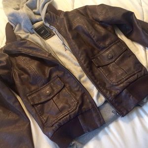 Brown Faux Leather Jacket w/ Hoodie