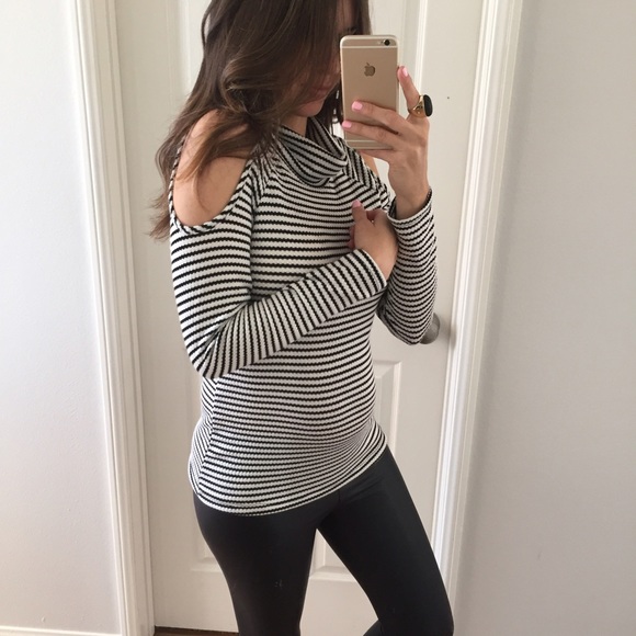 Sold • Cowl Neck Striped Cold Shoulder Top - Picture 2 of 4