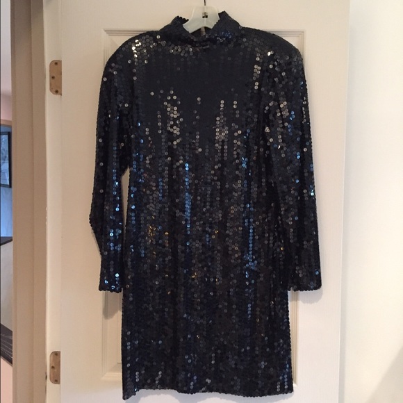 Black sequined short Oleg Cassini dress high neck