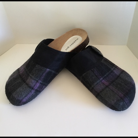 Madden Girl plaid clog mule slip ons in plaid