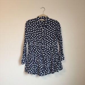 Blue and White Heart Patterned Button Up