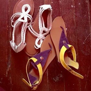 White/brown sandals and yellow/purple sandals
