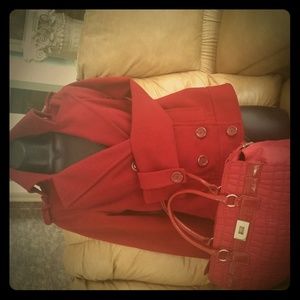 Red gorgeous pea coat jacket with tote bag
