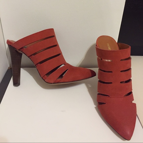 Pair of Rebecca Minkoff pumpkin/coral high heels