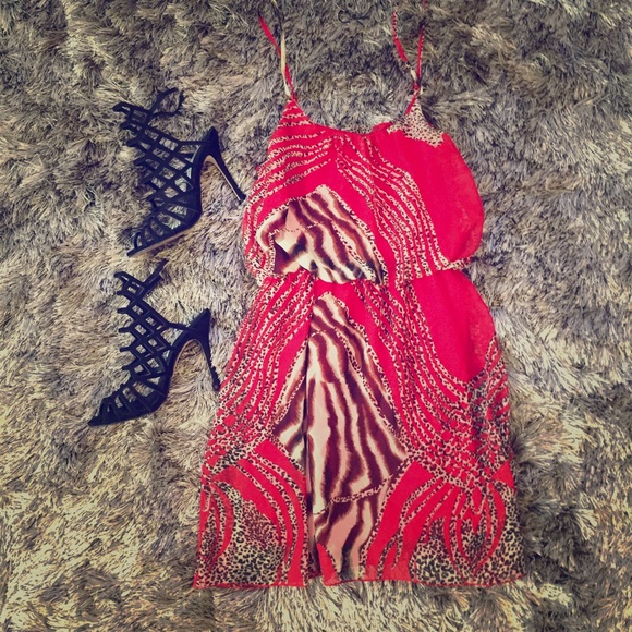 Printed Red Sleeveless Chiffon Dress S