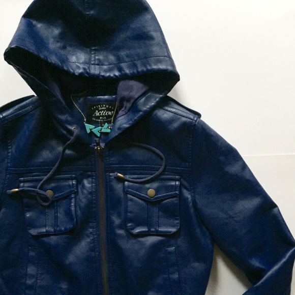 Active Jackets & Blazers - Blue Faux Leather Hooded Jacket