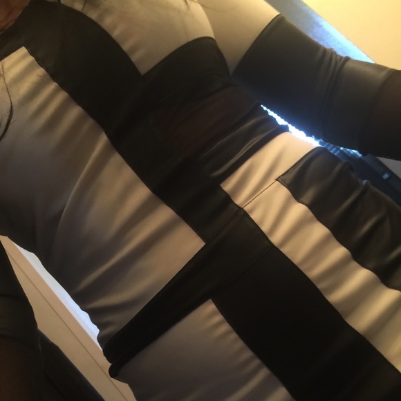 Cream/Black polyester, faux-leather, sheer dress👗 - Picture 3 of 4