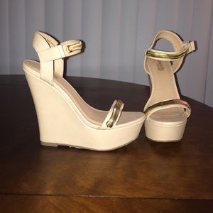 Size 6. Nude wedge. Gold strap. Charlotte Russe