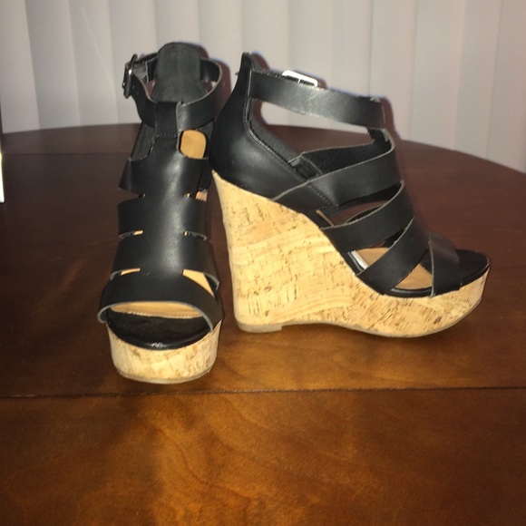 Size 6. Cork wedge, black strappy. Charlotte Russe