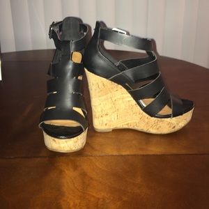 Size 6. Cork wedge, black strappy. Charlotte Russe