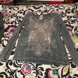 Blue Gray Long Sleeve Rhinestoned Shirt