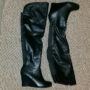 black leather wedge over the knee boots