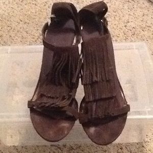 Fringe Sandals Brown Faux Suede $10