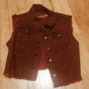 Maroon denim cutoff vest