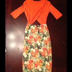 Orange and floral midi dress