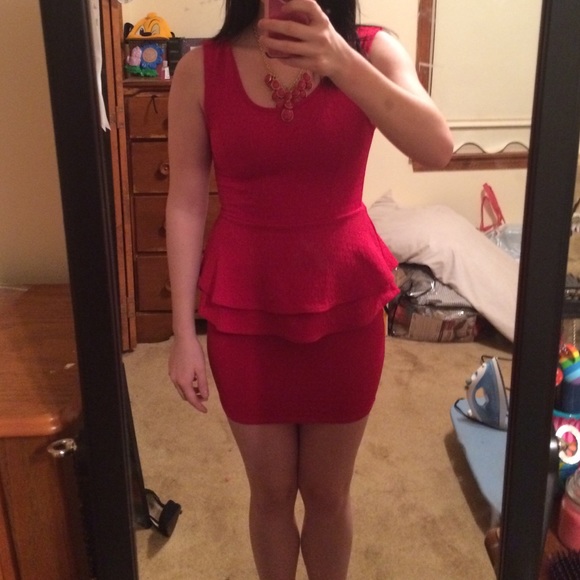 Red Holiday peplum dress with matching jewelry