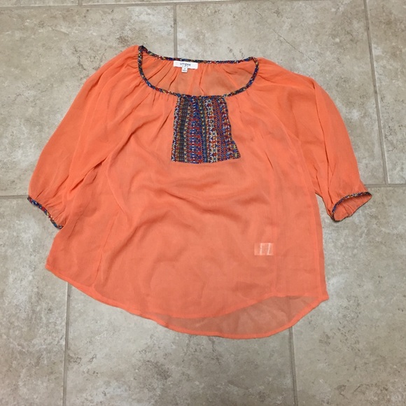 Orange sheer blouse w/Aztec print
