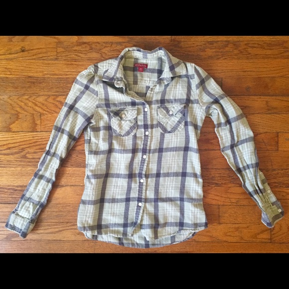 Merona XS Green Plaid Button Up Long Sleeved Shirt
