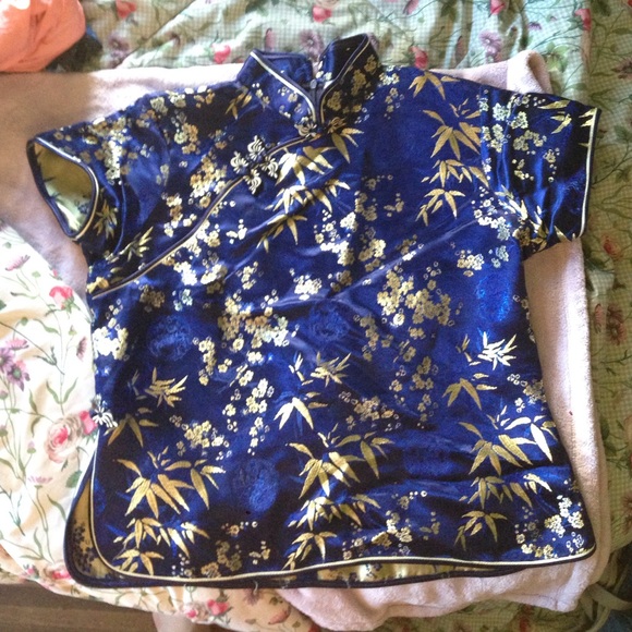 Blue and Gold Chinese Silk Blouse - Picture 1 of 3