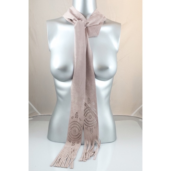 DUSTY PINK LASERCUT FRINGE NECK TIE SKINNY SCARF