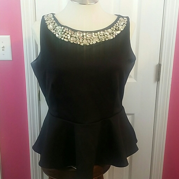 Bisou Bisou Peplum Top w/ Jeweled Neckline
