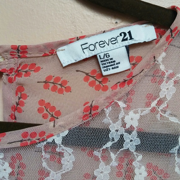 Burnt Orange Sheer Leaf Print Top w Lace - Picture 2 of 3