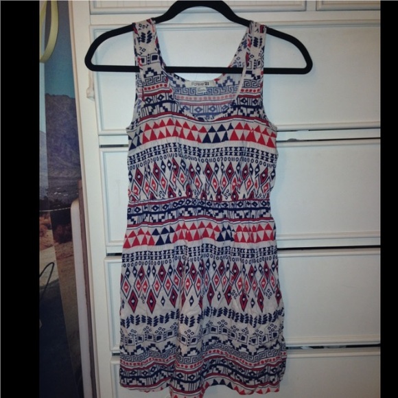 Red & blue aztec print dress