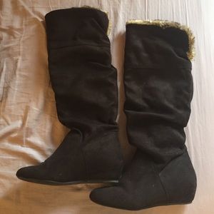 Brown knee high suede & fur boots