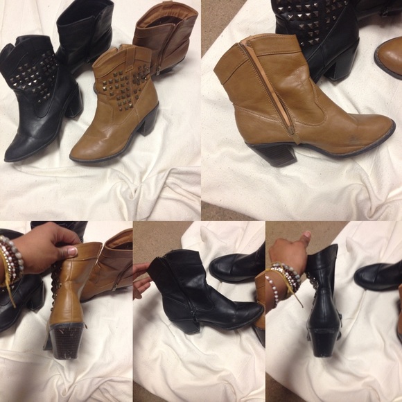 Two ankle boots. One is brown, the other black.
