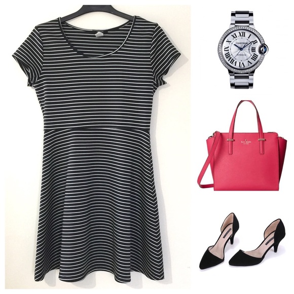 B/W Striped Fit & Flare Jersey Dress