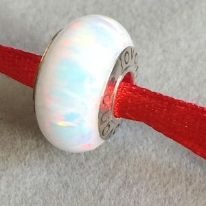 White with fire created opal charm on sterling
