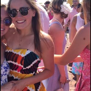 multi colored strapless dress