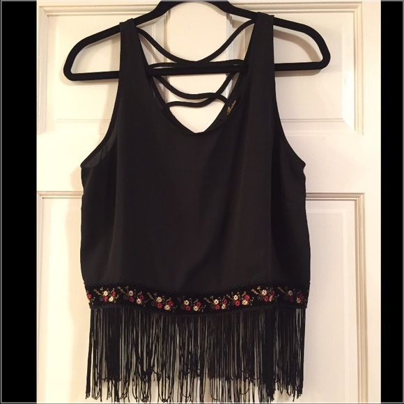 Black crop top cross back strappy fringes boho