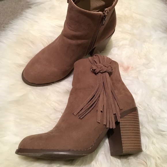 Khaki Suede Fringe Booties