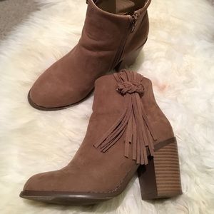 Khaki Suede Fringe Booties