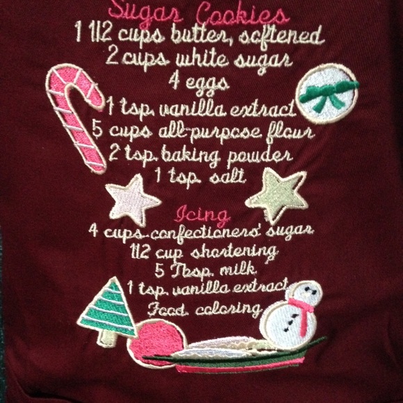 Embroidered apron with sugar cookie recipe