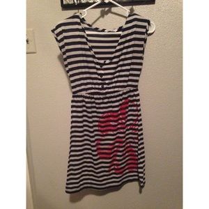 Grey & Navy Dress with Pink Hawaiian Flower