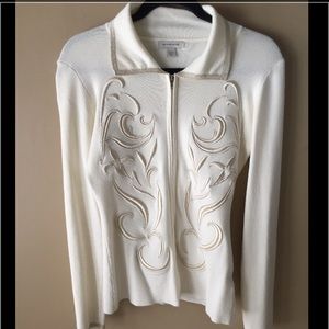 White Embroidered Boston Proper Zip Up Sweater