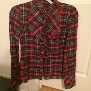 MANGO plaid button down shirt with ruffles