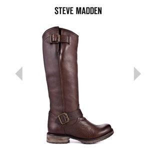 brown leather Steve Madden Fairport riding boots.