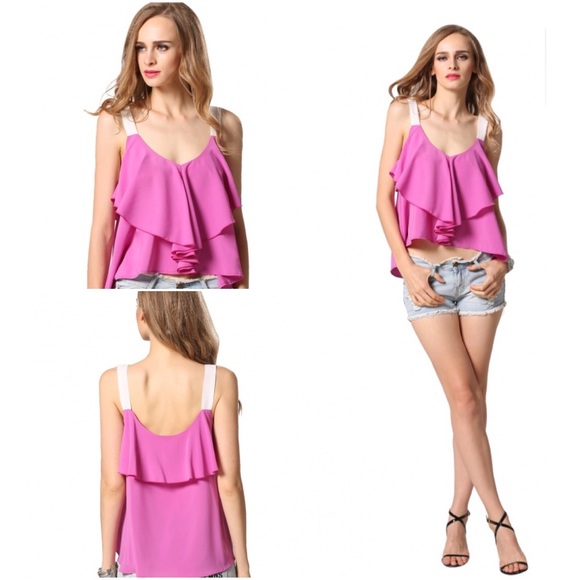 Spaghetti Strap V-Neck Ruffles Loose Chiffon Topπ - Picture 2 of 3