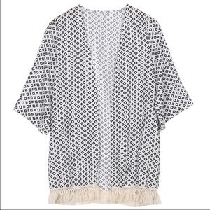 BRAND NEW. Black and White Fringe Kimono