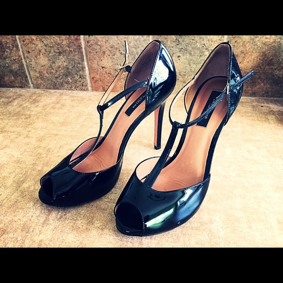 Black, patent leather, t-strap heels