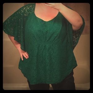 Green lace bat wing top