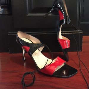 Chanel red and black patent leather heels