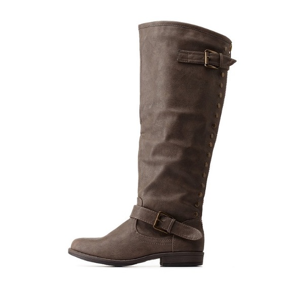 Bamboo Studded Back-Zipper Knee-High Riding Boots