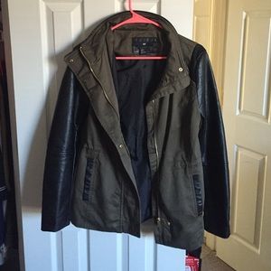 H&M Army green khaki Coat with Leather Sleeves
